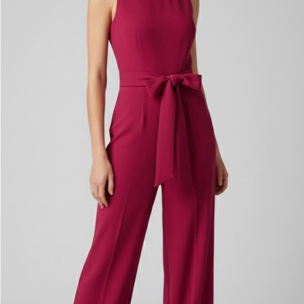 INC International Concepts Formal Red Jumpsuit with Waist Tie and Flowy Leg Slit - Picture 2 of 7
